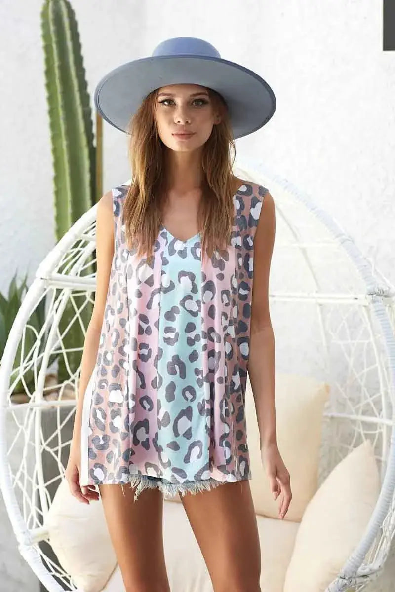 BiBi Leopard Printed Jersey Knit Color Block Sleeveless - Love Salve